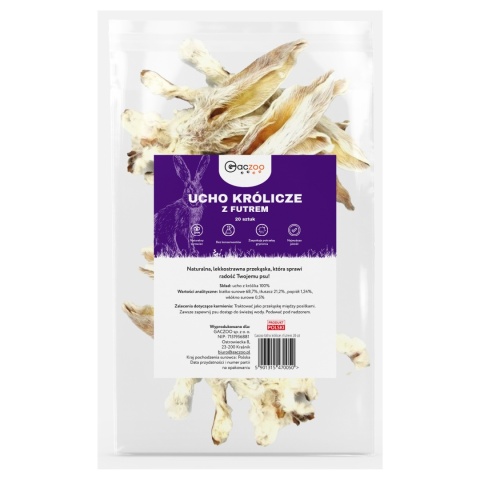 Ucho Królicze z futrem przysmak dla psa 20 szt GACZOO 100% naturalny gryzak Ucho Królicze z futrem przysmak dla psa 20 szt GACZOO 100% naturalny gryzak