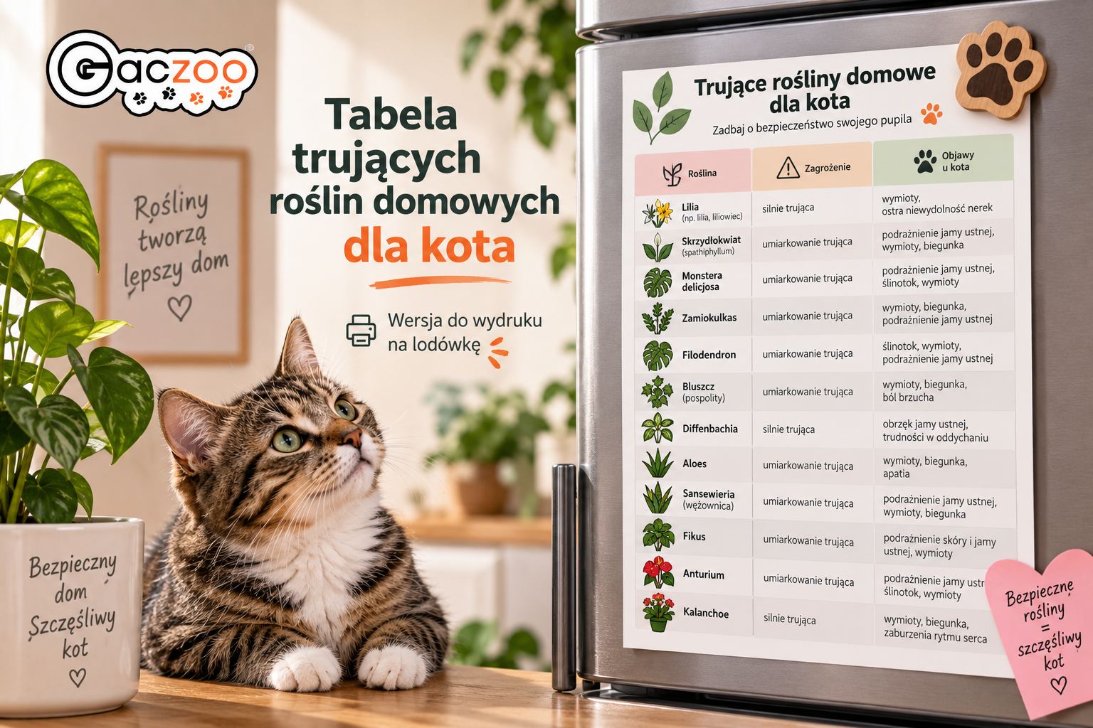 Tabela trujących roślin domowych dla kota - wersja do wydruku na lodówkę